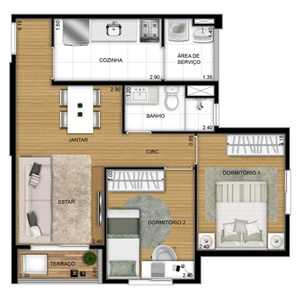 Planta apartamento tipo de 47m²